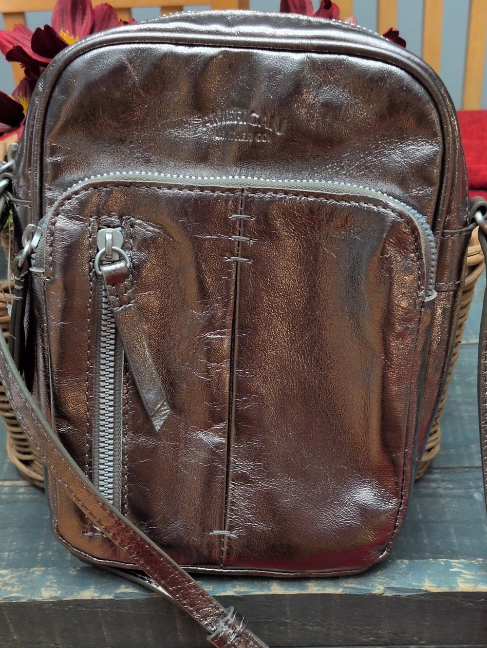 American Leather Co. North/South Cleveland Metallic 100% Leather Crossbody Bag